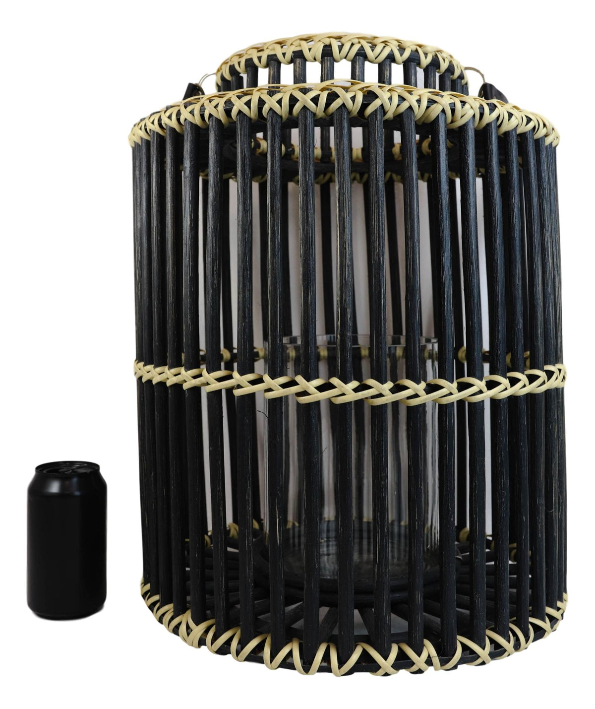 20"H Rustic Western Farmhouse Black Rattan Wood Candle Holder Lantern W/ Hanger