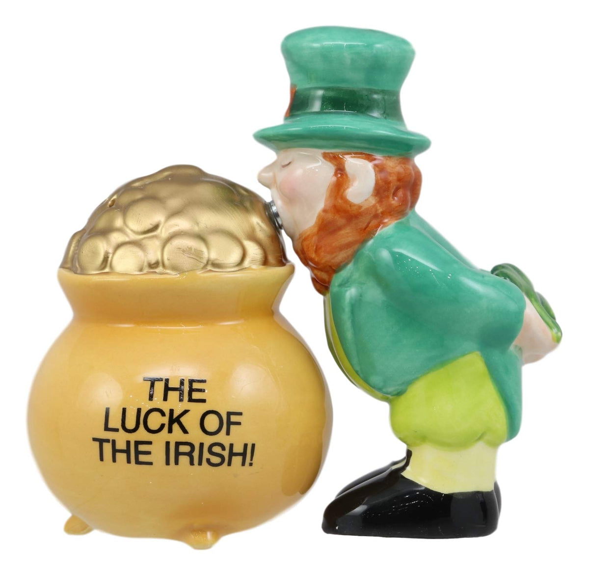 Luck Of The Irish Leprechaun Kissing Pot Of Gold Ceramic Salt Pepper Shakers Set - Ebros Gift