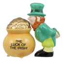 Luck Of The Irish Leprechaun Kissing Pot Of Gold Ceramic Salt Pepper Shakers Set