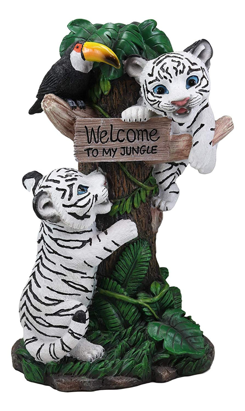 Ebros Colorful Jungle Frolick Climbing Tiger Cubs Chasing Toucan Bird with Welcome Sign and LED Solar Lantern Outpost Statue 18.5" Tall Path Lighter Patio Garden Home Decor Figurine (White Siberian)