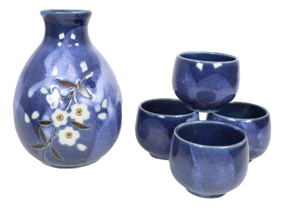 Ebros Japanese 8oz Ceramic Blue Cherry Blossom Sake Set Flask With Four Cups Asian Japan Cultural Toast Decor Party Hosting Set - Ebros Gift