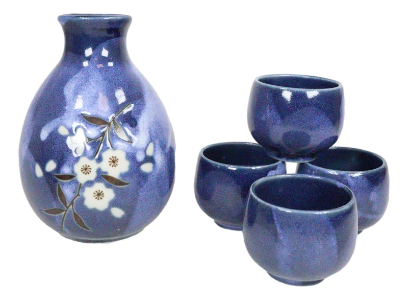 Ebros Japanese 8oz Ceramic Blue Cherry Blossom Sake Set Flask With Four Cups Asian Japan Cultural Toast Decor Party Hosting Set