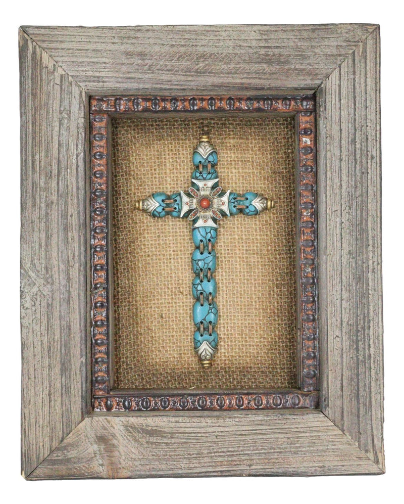 Pack of 2 Rustic Western Turquoise Gems Cross 3D Art Wood Framed Wall Decors