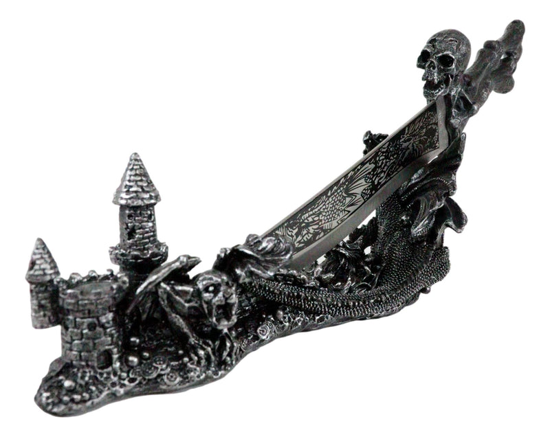 Fantasy Skull Bones Letter Opener Dagger With Gothic Dragon Castle Base Stand