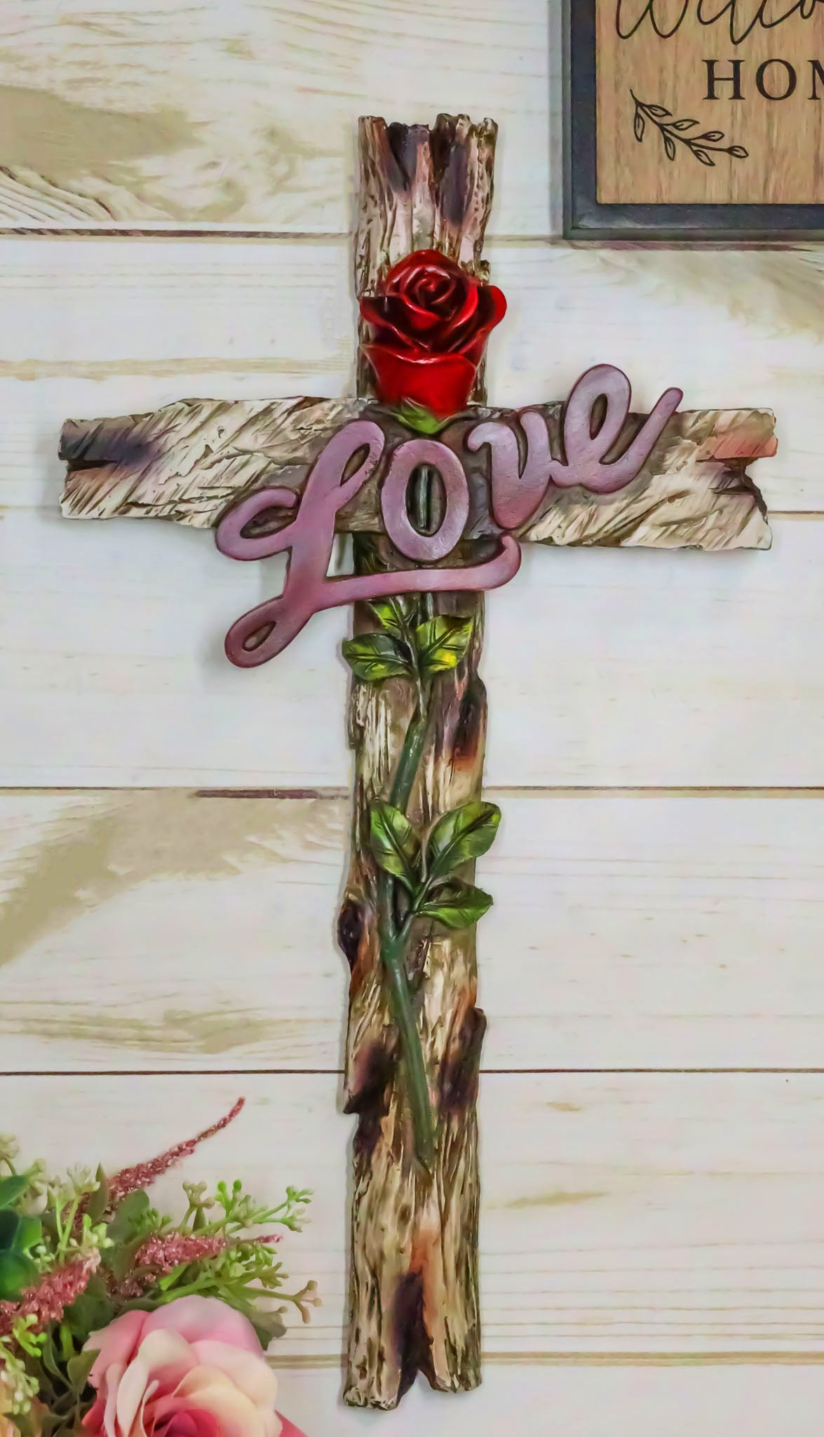 Rustic Western Faux Wooden Inspirational Love With Red Rose Stalk Wall Cross