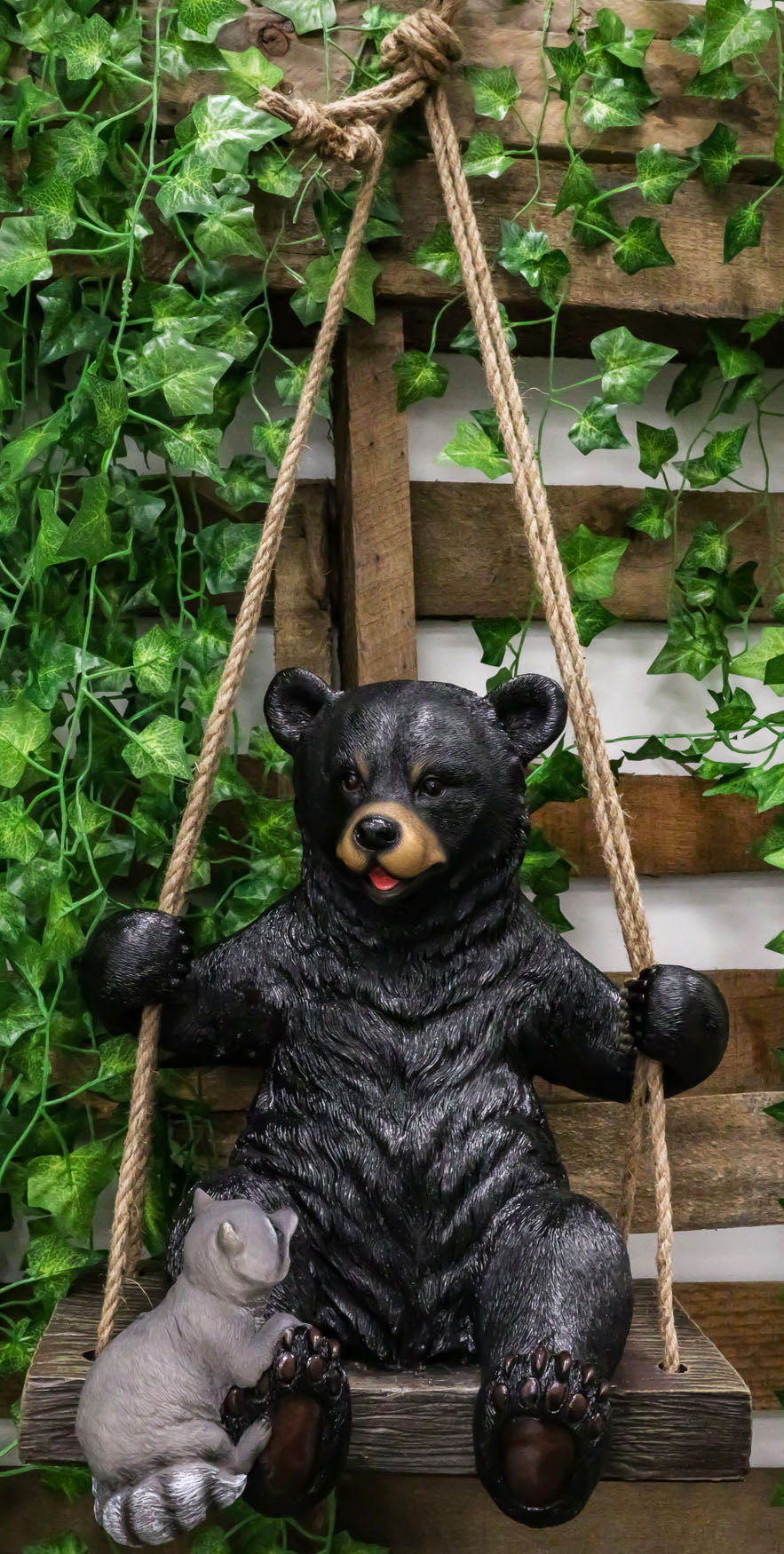 Large Swinging Black Bear With Buddy Raccoon Hanging Statue With Rope Ties 15"H - Ebros Gift