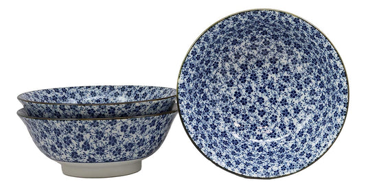 Ebros Gift Blue And White Ming Style Floral Petals Ceramic Bowls Pack Of 3 Ramen Pho Soup Bowl Set 32oz 8"Diameter Made In Japan