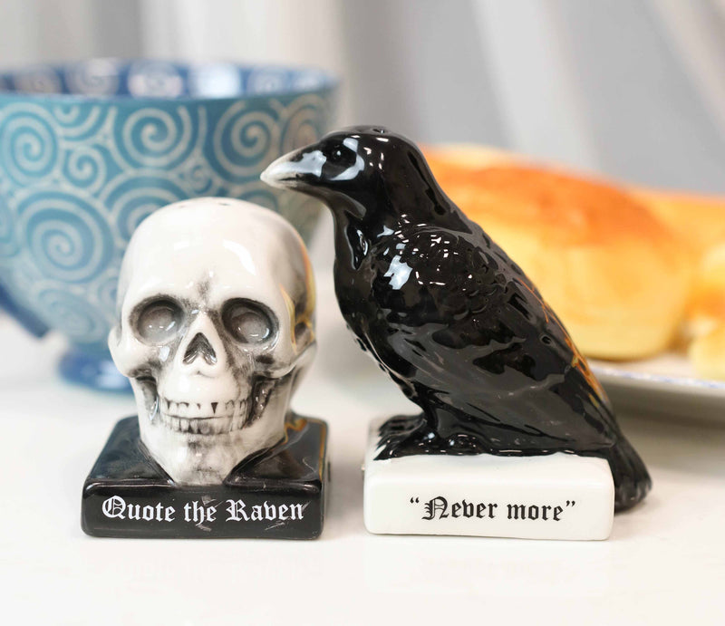 Ceramic Quote The Raven Nevermore Skull Salt And Pepper Shakers Figurine Set