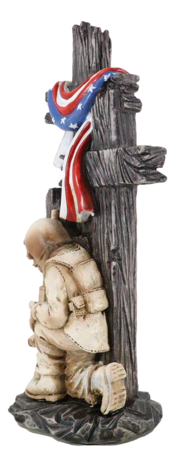 Kneeling Soldier In Prayer By 3 Rugged Crosses American Flag Memorial Figurine - Ebros Gift
