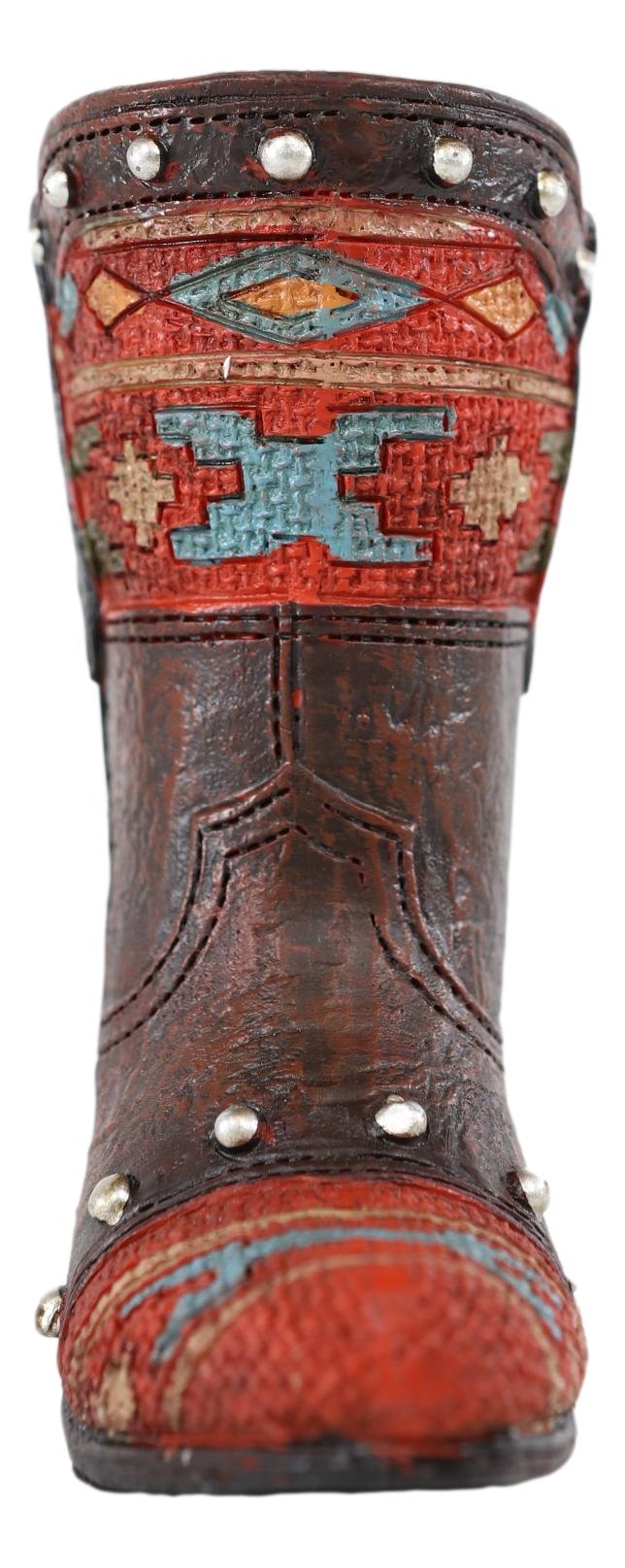 Rustic Western Cowboy Aztec Geometry Patterns Red Brown Boot Pen Holder Figurine