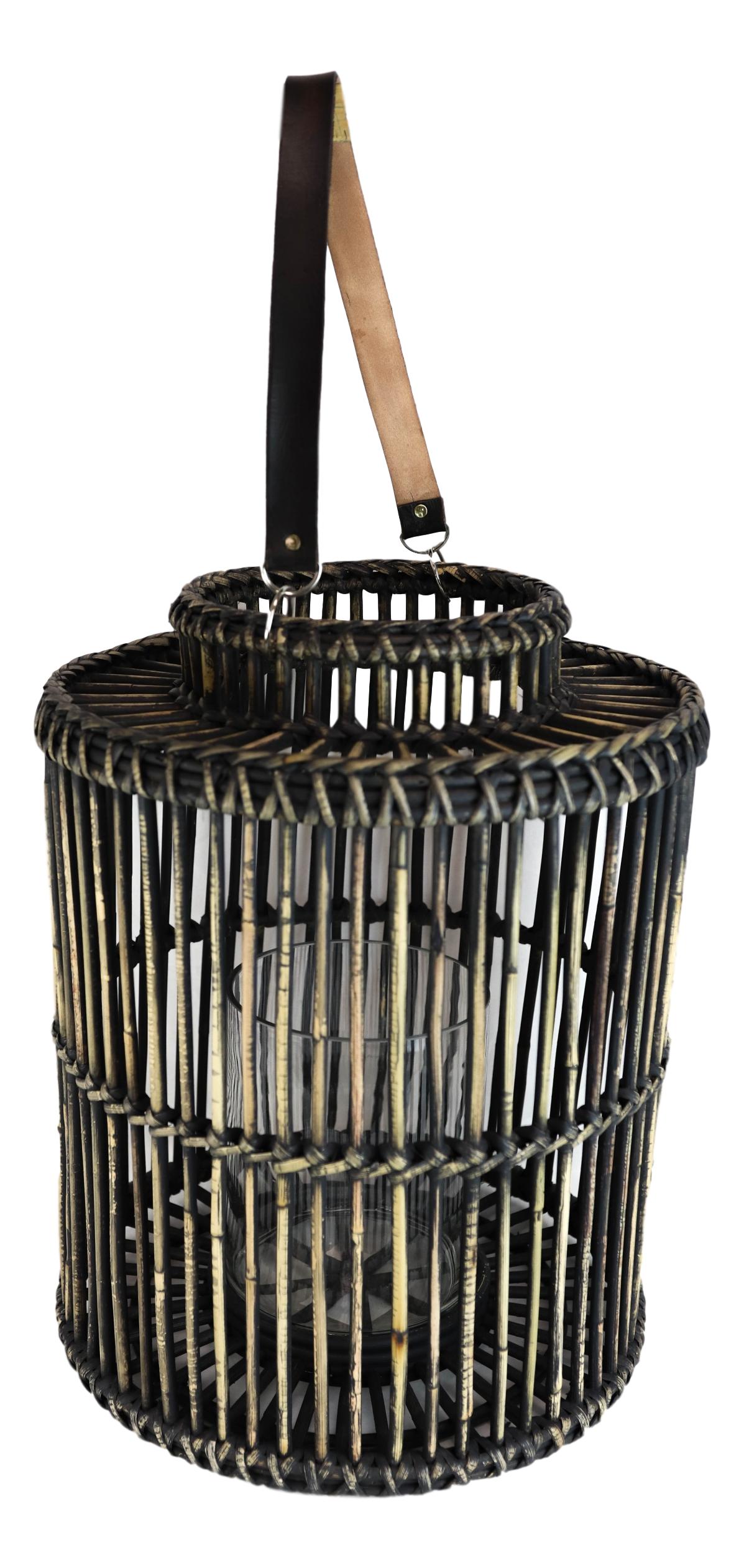 20"H Rustic Western Farmhouse Dark Rattan Wood Candle Holder Lantern With Hanger