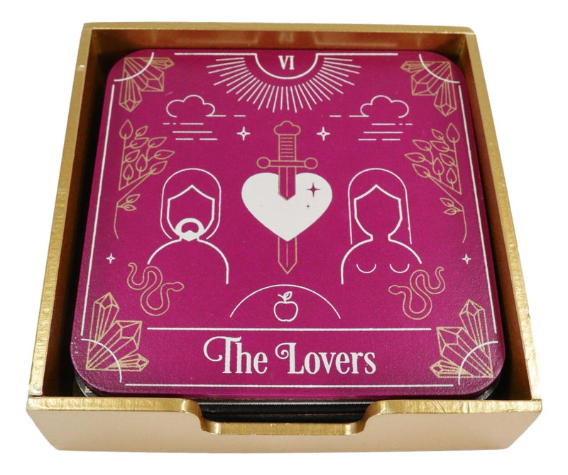 Wicca Tarot Card MDF Wood Coaster Set of 4 Tiles With Cork Backing And Holder