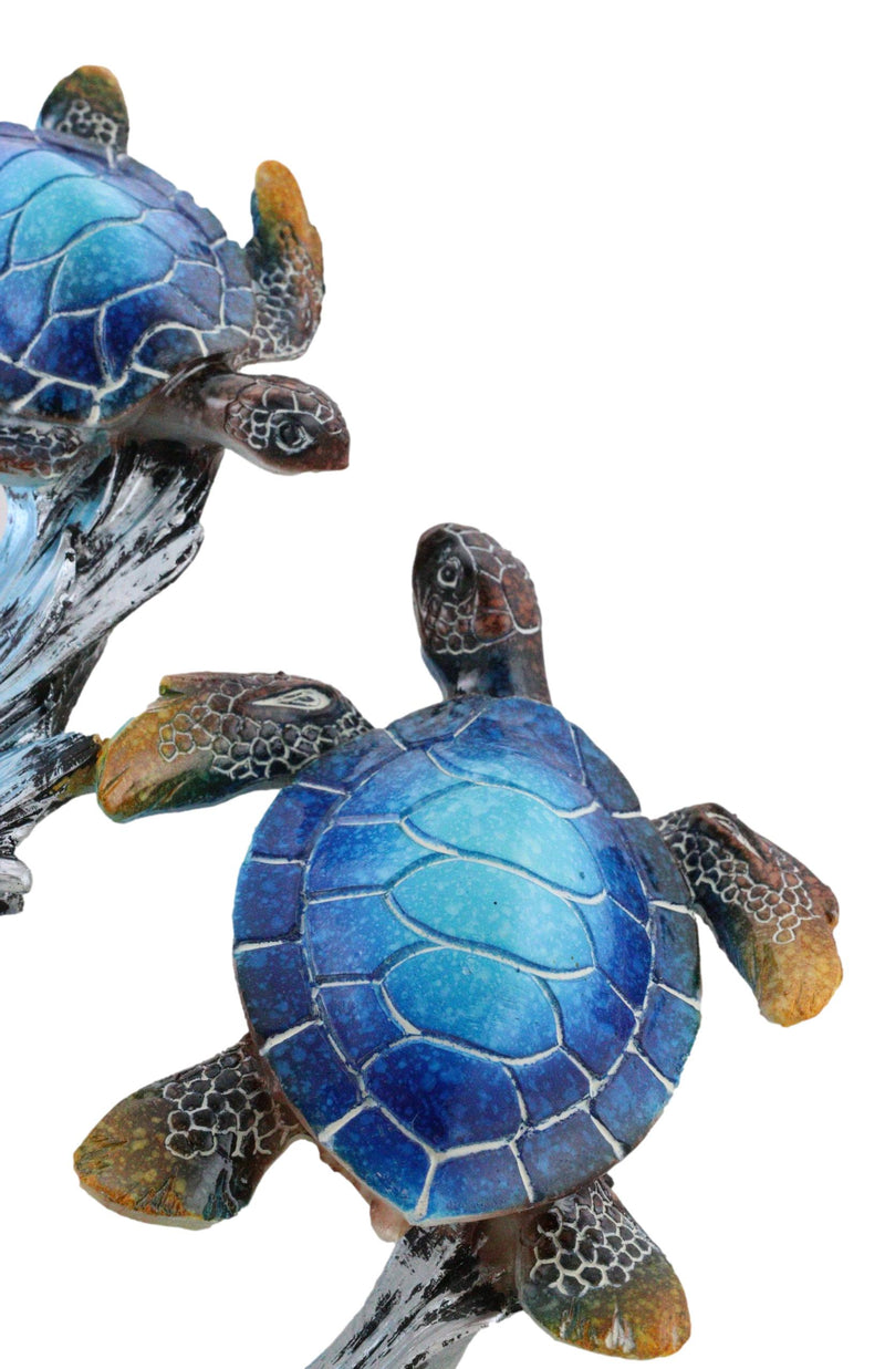 Nautical Blue Sea Turtle And Baby Swimming By Ocean Currents And Waves Figurine