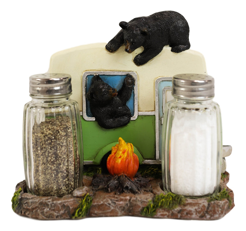 Black Bears On Caravan By Bonfire Salt Pepper Shakers & Napkin Holder Figurine