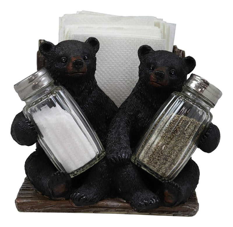 Ebros 6.25" W 2 Black Bear Cubs Sitting Napkin Holder & Salt Pepper Shakers