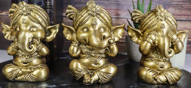 Ebros Set of 3 See Hear Speak No Evil Ganesha with Turban Figurines 4" Tall