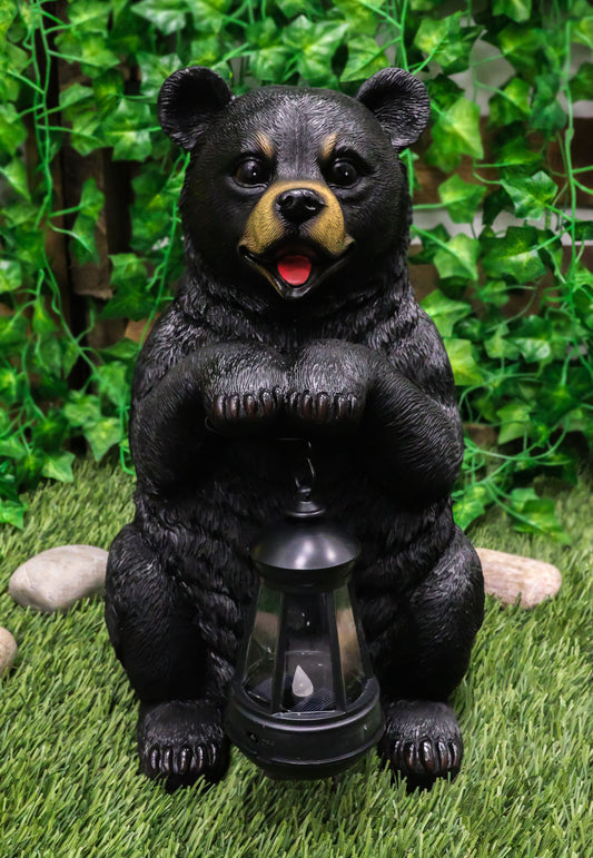 Rustic Garden Cute Black Bear Holding Solar Lantern Path Light Greeter Statue - Ebros Gift