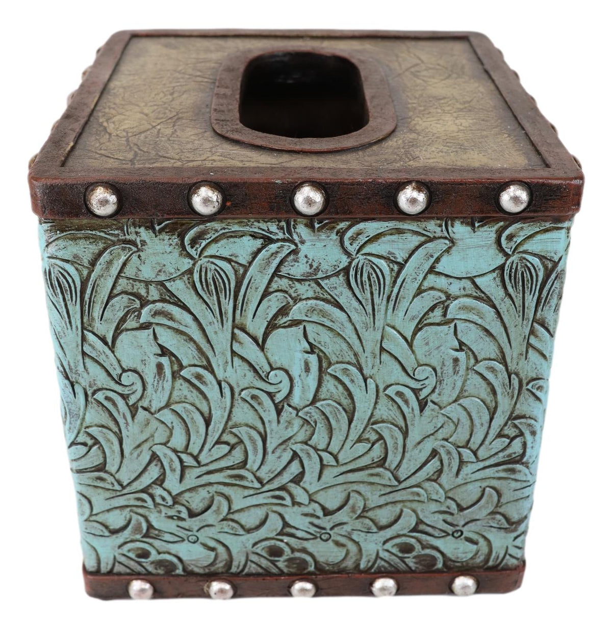 Rustic Western Turquoise Floral Scroll Faux Leather Tissue Box Holder Cover Case