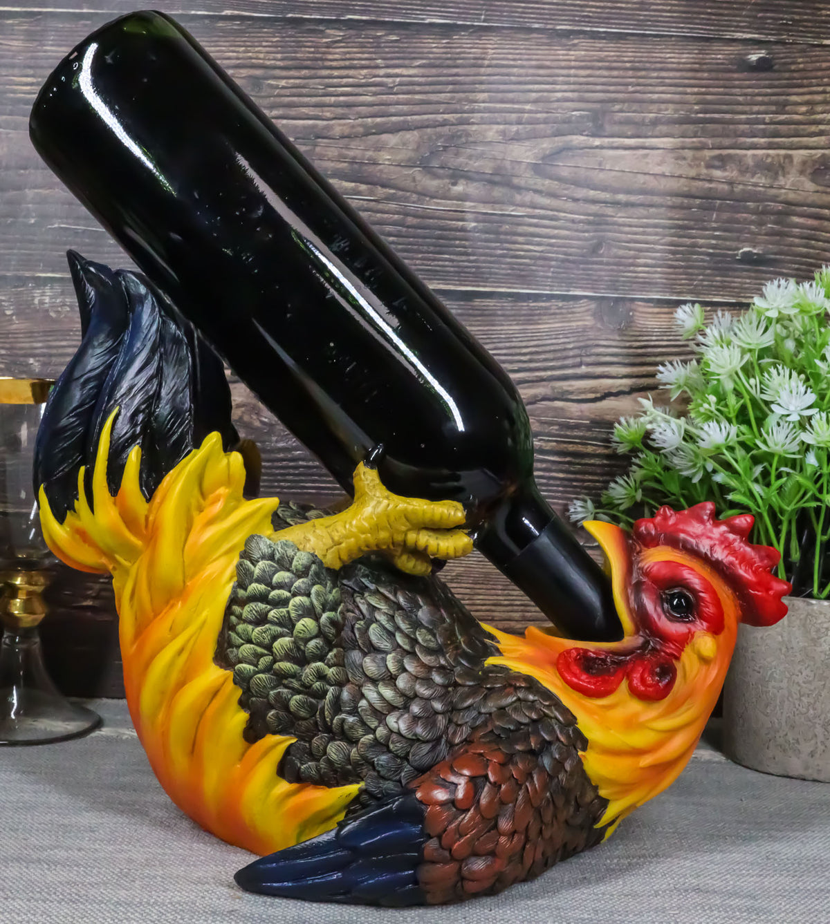 Ebros Gift Barnyard Farm Rooster Chicken Wine Bottle Holder Caddy Figurine 11" L - Ebros Gift