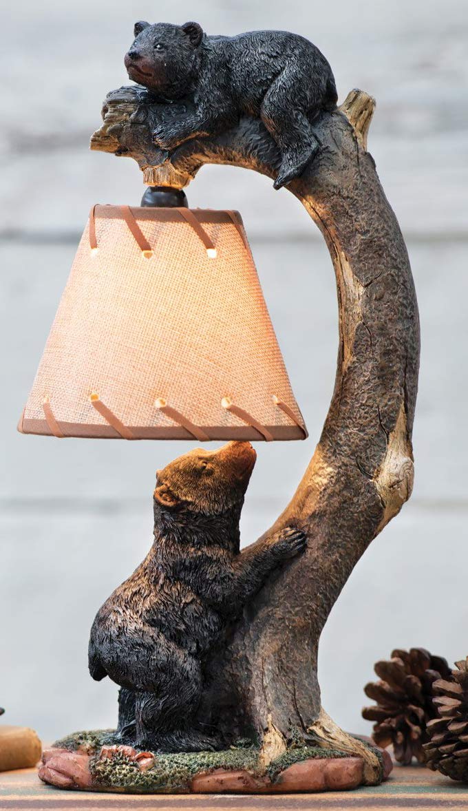 Ebros Whimsical 2 Playful Climbing Black Bears On Bending Tree Branch Table Lamp Statue with Hanging Burlap Shade 15.75"High Rustic Cabin Lodge Decor Forest Bear Bedside Lamps - Ebros Gift