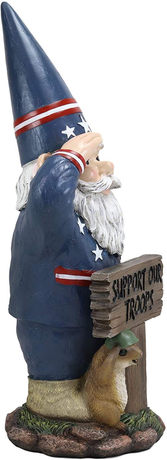 Ebros Gift 17" Tall Americana USA Patriotic Gnome with Pet Squirrel in Military Salute Statue with Support Our Troops Sign American Flag Uniform Druid Dwarf Home Garden Patio Lawn Figurine - Ebros Gift