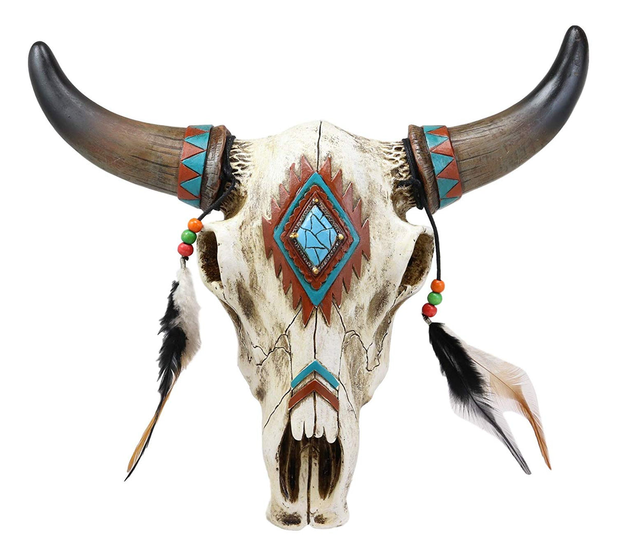 Ebros 12.5" Wide Western Southwest Steer Bison Buffalo Bull Cow Horned Skull Head with Faux Turquoise Diamond and Dream Catcher Feathers with Beads Wall Mount Decor - Ebros Gift