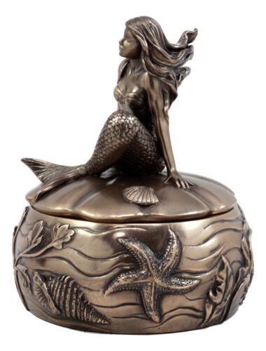 Wishing Mermaid Rounded Jewelry Box Figurine 5.5"H Coastal Reed Marine Decor