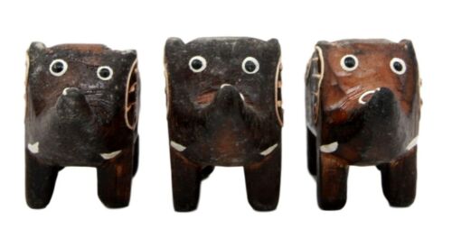Balinese Wood Handicrafts Jungle Trumpet Elephant Miniature Figurines Set 2.5"L