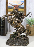 Rustic Western Desert Rodeo Cowboy On Rearing Horse With Lasso Ropes Figurine