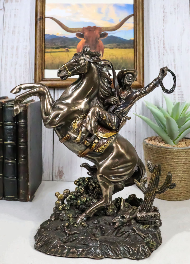 Rustic Western Desert Rodeo Cowboy On Rearing Horse With Lasso Ropes Figurine