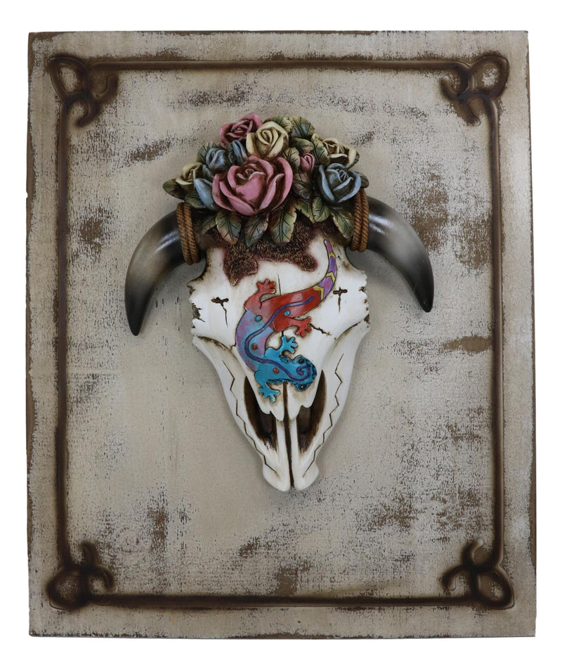 Rustic Western Lizard Gecko Cow Skull With Colorful Roses Wall Decor Plaque