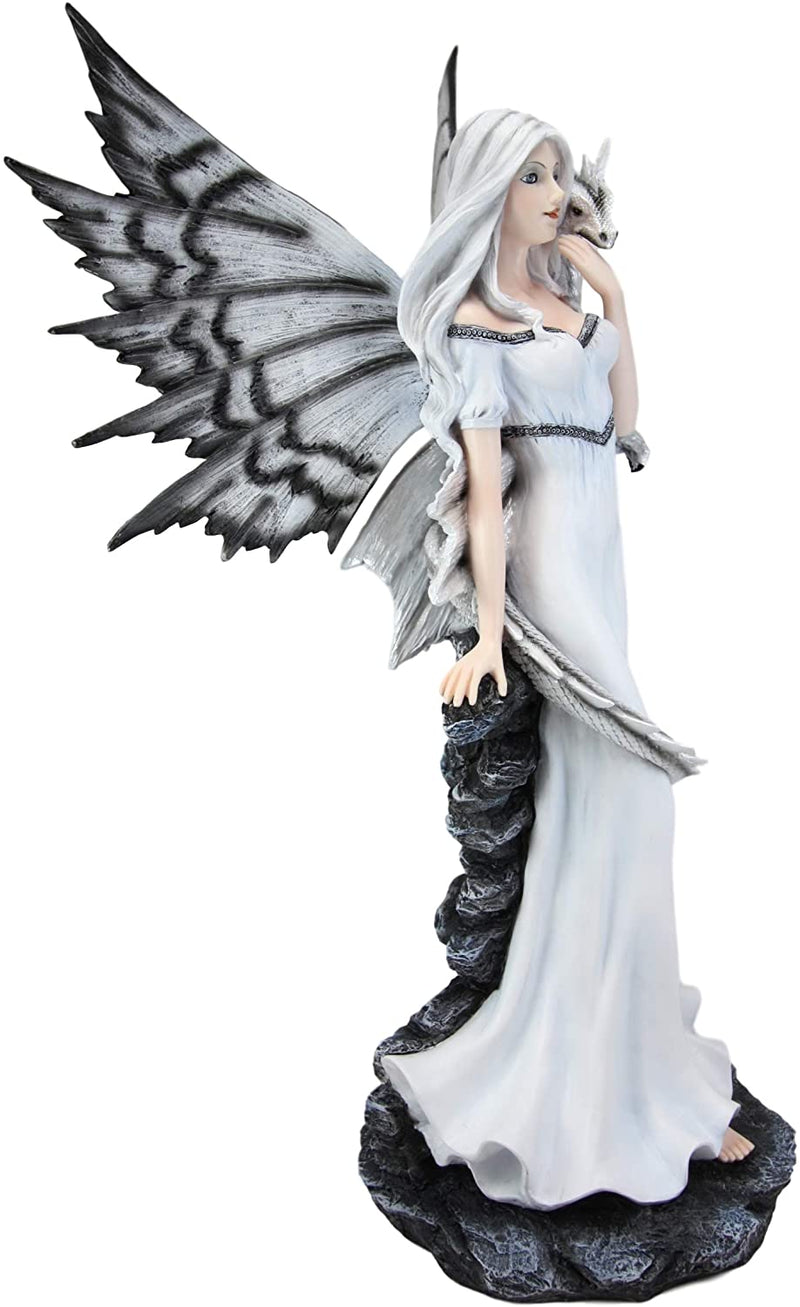 Ebros Large 21" Tall Winter Fairy with Baby Dragon Wyrmling Statue Fantasy Decor