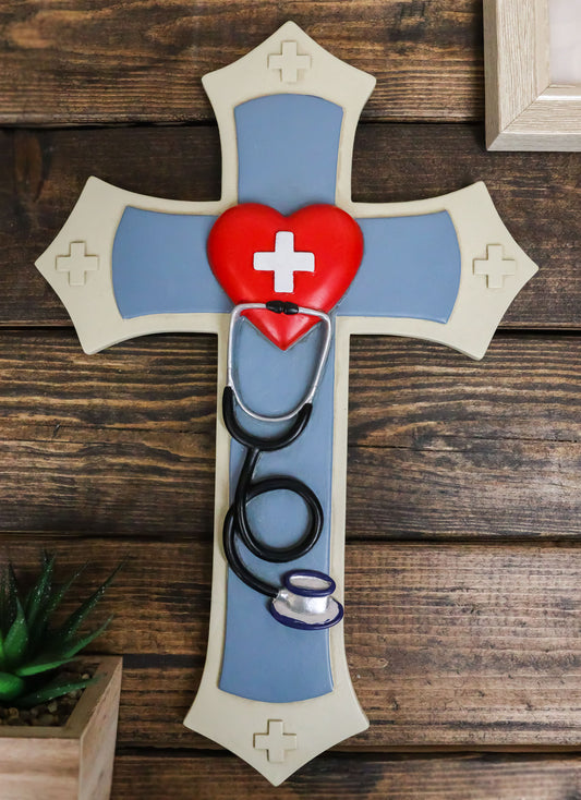 Physician Medic Blue Layered Wall Cross With Red Heart Stethoscope Doctor Nurse
