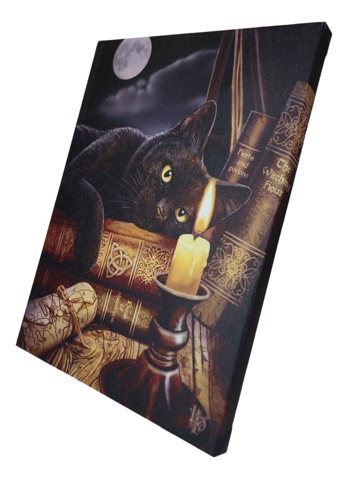 Witching Hour Black Cat By Candle And Spellbooks Wood Framed Canvas Wall Decor - Ebros Gift