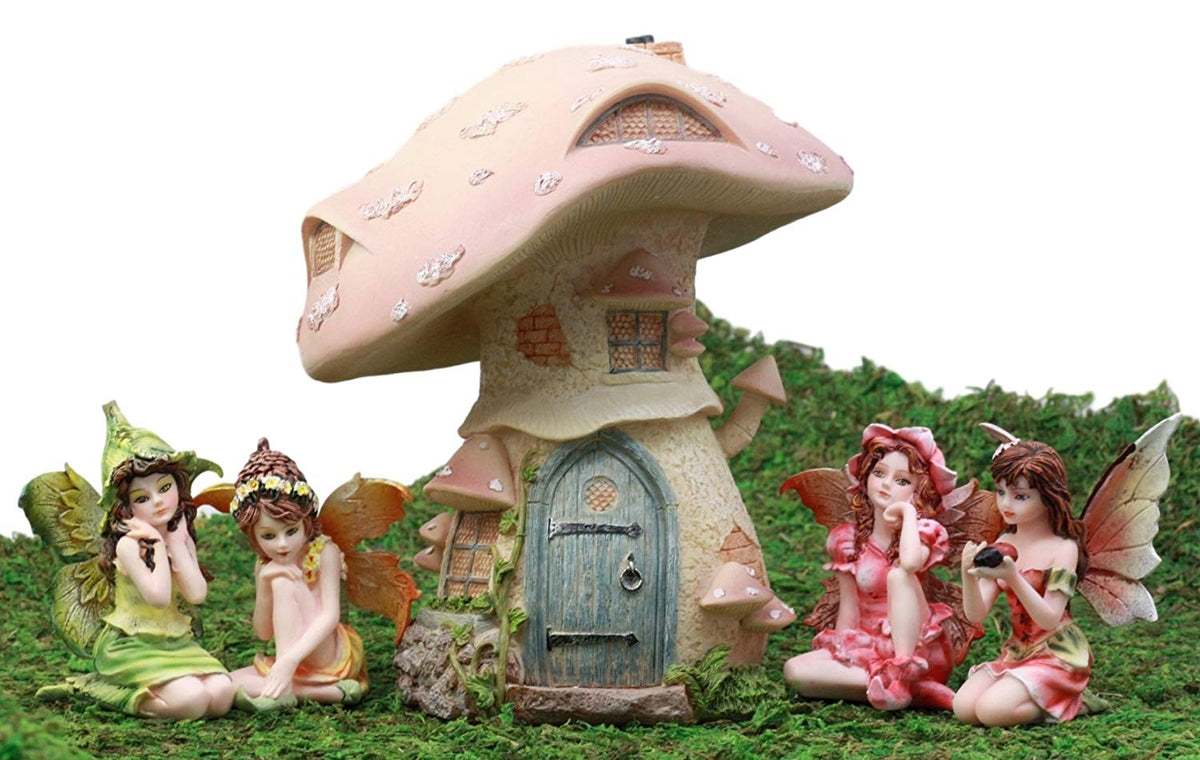 Ebros Gift Enchanted Fairy Garden Miniatures Starter Kit Cottage House with Mini Fairy Figurines Do It Yourself Ideas for Your Home (Mushroom House Kit) - Ebros Gift