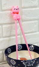 Pink Maneki Neko Lucky Cat Reusable Training Chopsticks Set With Silicone Helper