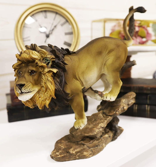 Ebros Lion King of The Jungle Running Down A Sloping Rock Statue 11.25" Long