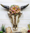Western Bull Cow Skull With Floral Lilies & Golden Nailheads Wall Decor Plaque