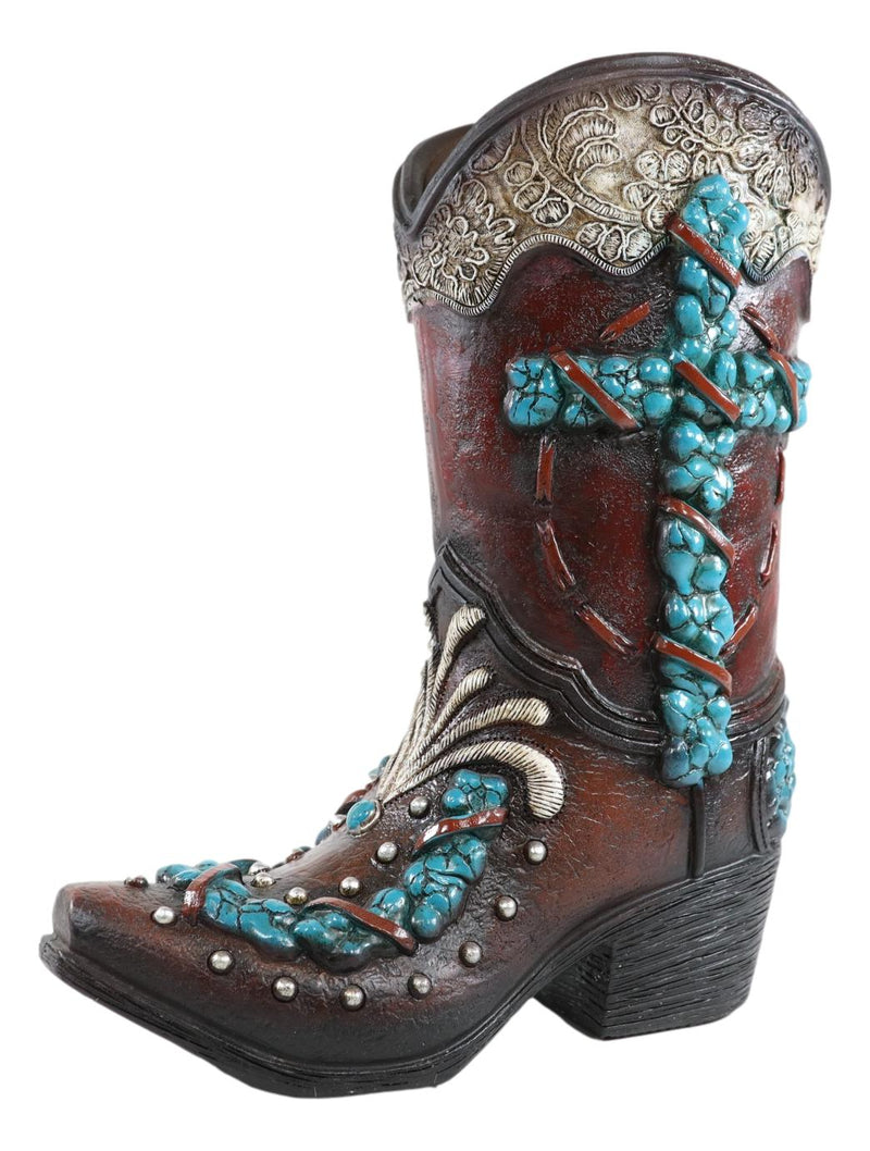 Rustic Western Turquoise Rocks Cross Scroll Art Flower Vase Planter Cowboy Boot