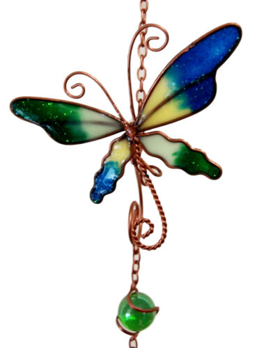 Ebros Gift Stained Glass Colorful Three Butterflies Copper Metal Wind Chime 28"Long Resonant Outdoor Patio Garden Decor Accessory