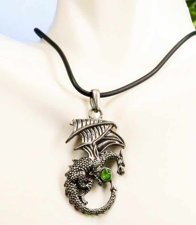 Ebros Curling Winged Dragon With Green Gemstone Jewelry Alloy Pendant Necklace - Ebros Gift