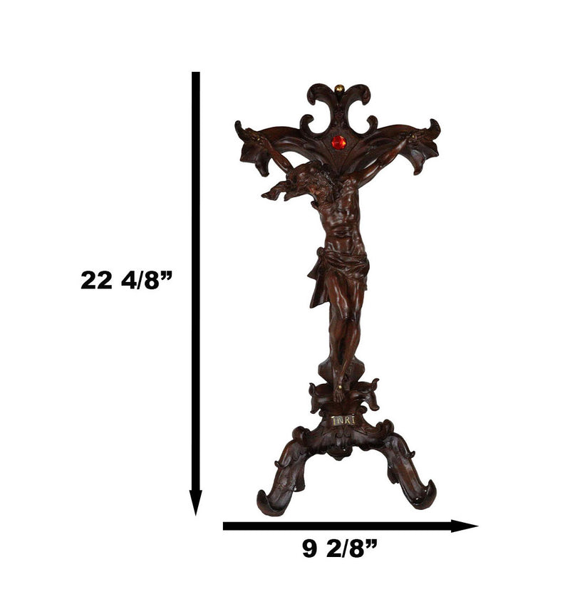 Faux Mahogany Wood Finish Large Jesus Christ Crucifix With Stand Statue 23"Tall