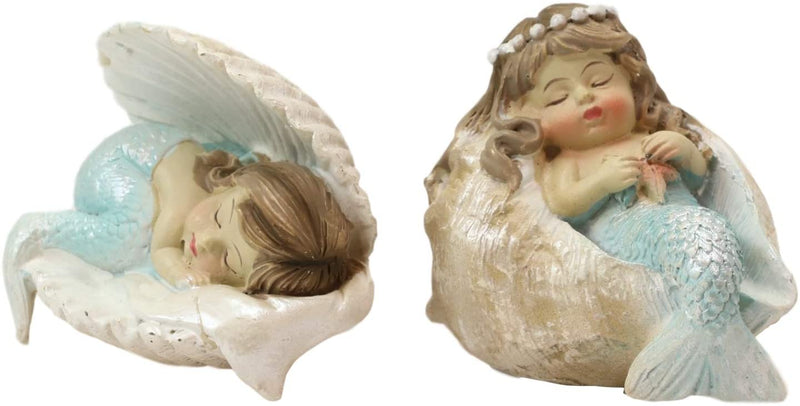 Ebros Mergirls with Blue Tail Mermaid Babies in Conch Shells Small Mini Set of 2