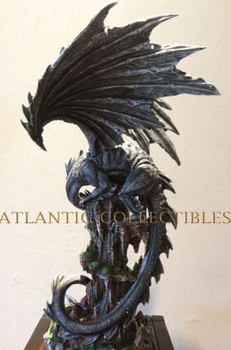 Ebros Large 23.5" Tall Black Dragon Guarding Castle Atop A Rocky Cliff Statue - Ebros Gift