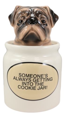 Ceramic Adorable Hiding Thief Pugsie Pug Dog Cookie Jar With Air Tight Lid 9"H