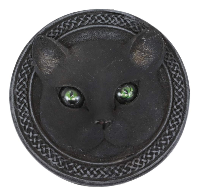 Ebros Celtic Pentagram Knotwork Black Cat With Rolling Green Eyes Round Decorative Box