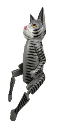 Balinese Wood Handicrafts Grey Striped Coat Feline Cat Puppet Toy Figurine 17"H