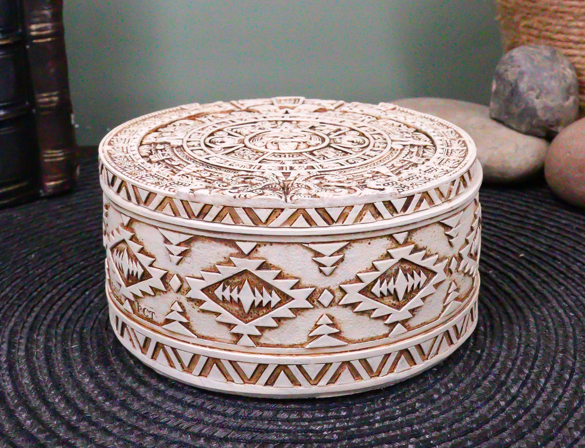 Round Mesoamerican Maya Aztec Jewelry Box Figurine 5"D Solar Calendar Sun God