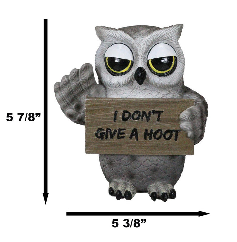 Sassy Cynical Grey Owl Flipping The Bird With I Don't Give A Hoot Sign Figurine