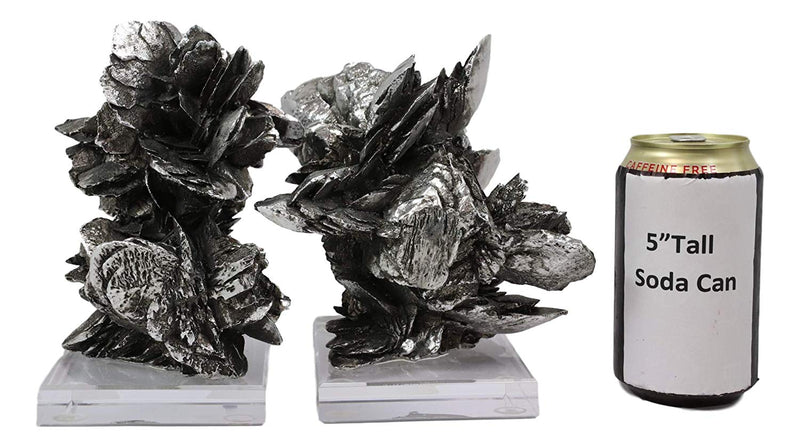 Ebros Large Electroplated Silver Resin Contemporary Desert Rose On Acrylic Glass Bookends Pair Set of 2 Museum Gallery Decorative Sculptures 7" High Faux Selenite Clusters Figurines